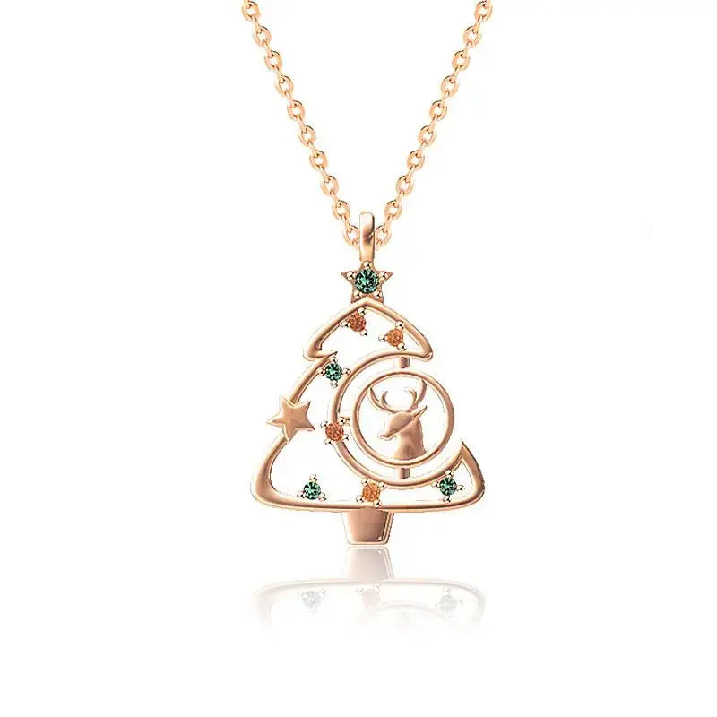 Lovcia Colorful CZ Christmas Tree Elk Deer 925 Sterling Silver Necklace-Necklaces-Silver-Silver