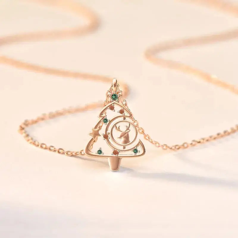 Lovcia Colorful CZ Christmas Tree Elk Deer 925 Sterling Silver Necklace-Necklaces-Silver-Silver