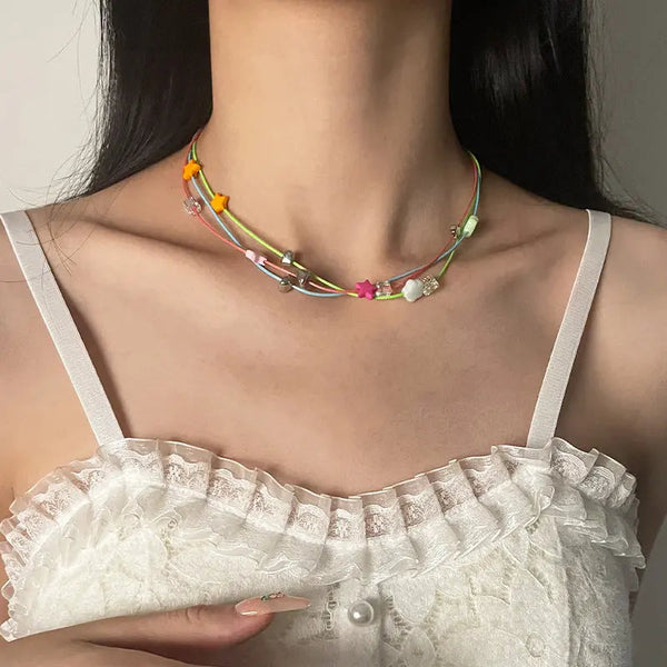 Lovcia Colorful Five-Pointed Star Asymmetric Beaded Fashion String Necklace for Women-Necklaces-Colorful XINGX String Necklace-Colorful XINGX String Necklace