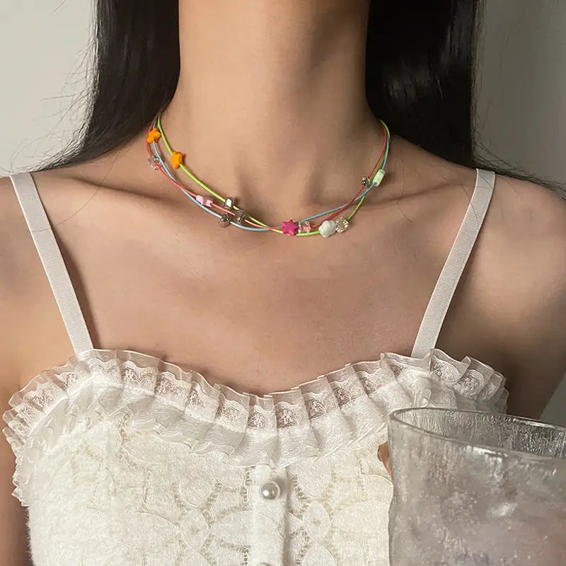 Lovcia Colorful Five-Pointed Star Asymmetric Beaded Fashion String Necklace for Women-Necklaces-Colorful XINGX String Necklace-Colorful XINGX String Necklace