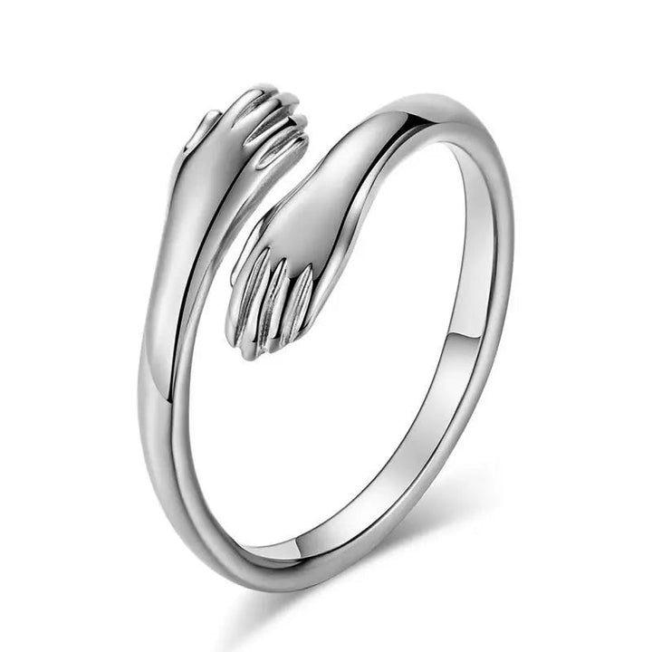 LOVCIA Sterling Silver Hug Ring - Elegant Hand Embrace Adjustable Love Ring for Women and Men