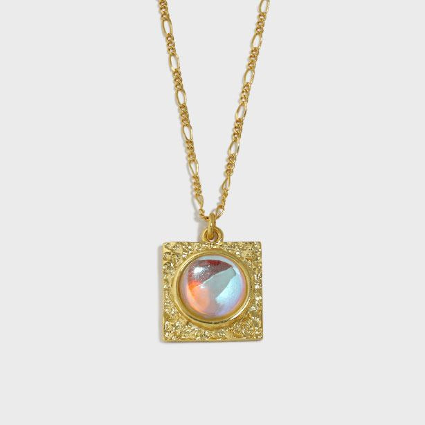 Lovcia Created Moonstone Square Pendant Necklace 925 Silver-Necklaces-Yellow Gold-Yellow Gold