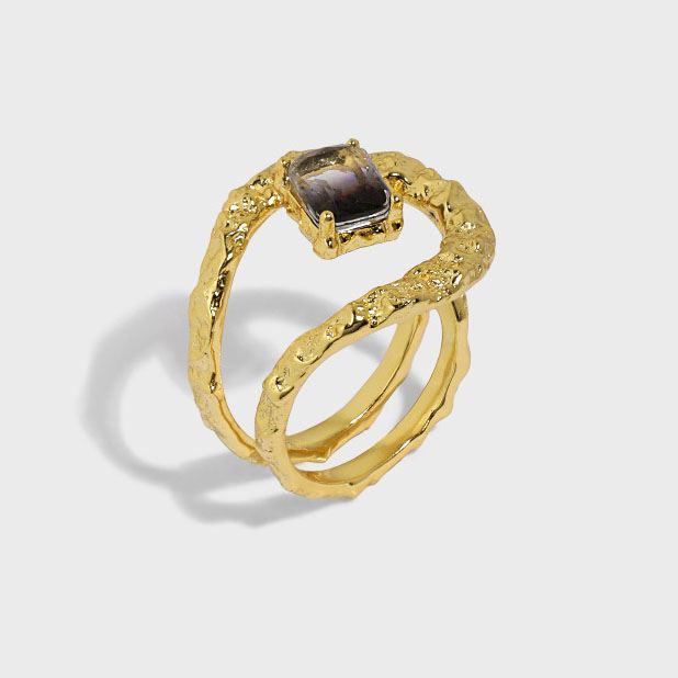 Lovcia Created Tourmaline Double Layer Gold Adjustable Ring-Rings-Yellow Gold-Yellow Gold