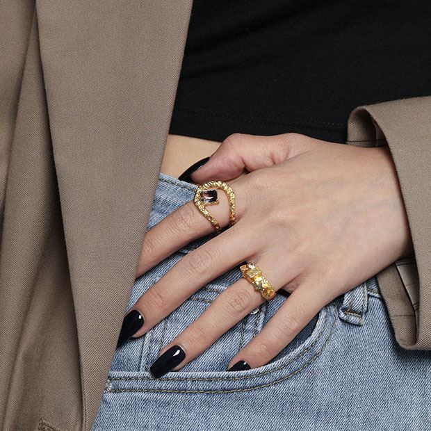 Lovcia Created Tourmaline Double Layer Gold Adjustable Ring-Rings-Yellow Gold-Yellow Gold