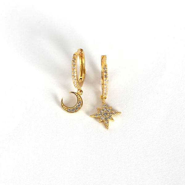 Lovcia Crescent Moon And Star CZ Leverback Earrings 22mm-Earrings-Yellow Gold-