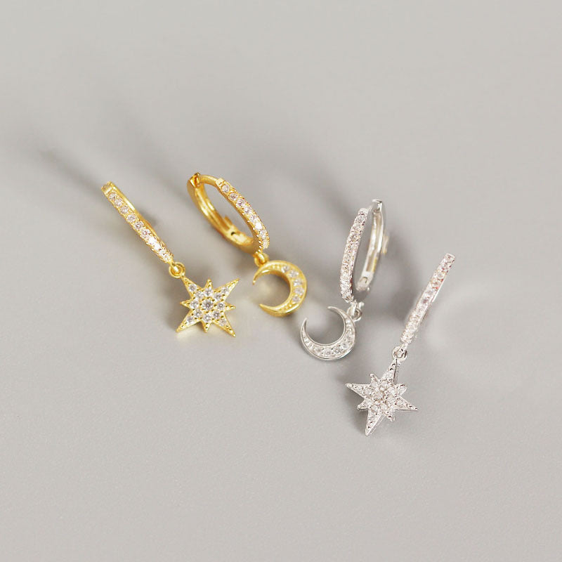 Lovcia Crescent Moon And Star CZ Leverback Earrings 22mm-Earrings-Yellow Gold-Yellow Gold