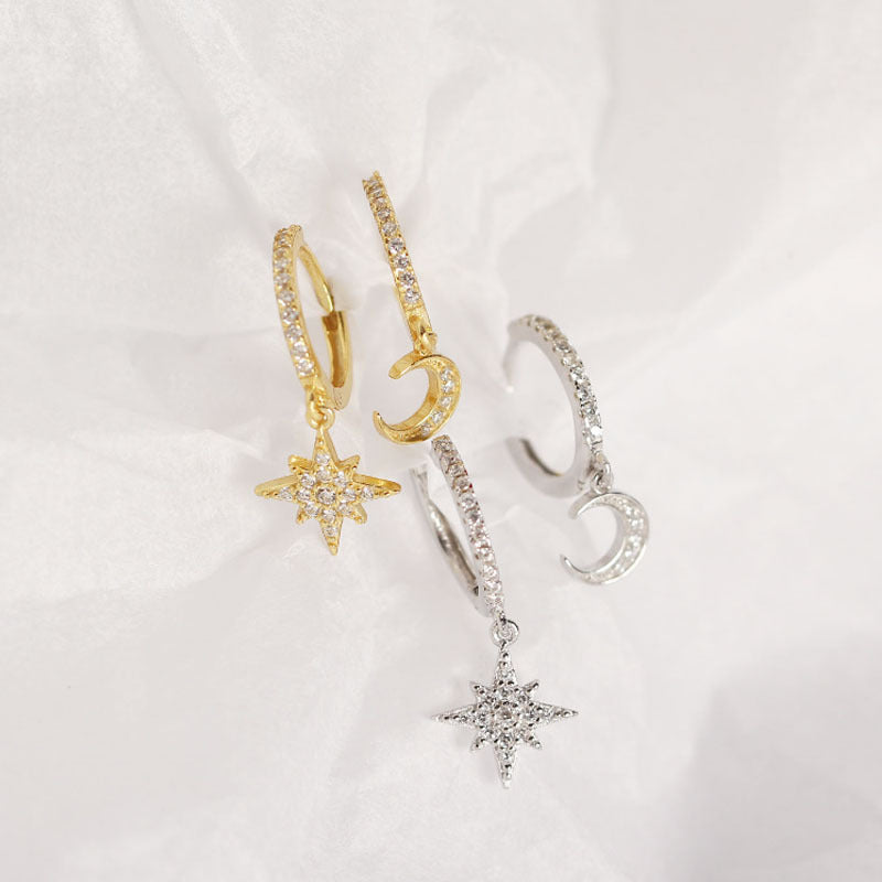 Lovcia Crescent Moon And Star CZ Leverback Earrings 22mm-Earrings-Yellow Gold-Yellow Gold
