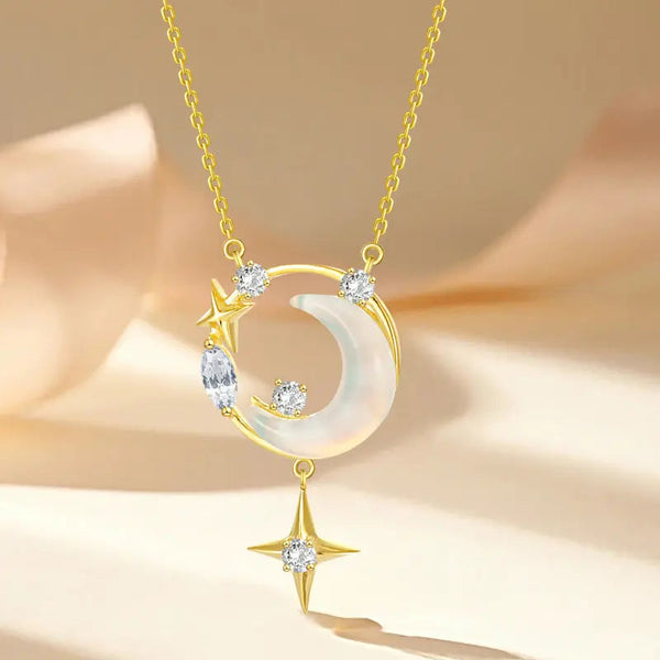 Lovcia Crescent Moon and Star Gold Plated Sterling Silver Necklace for Women with Opalescent and Crystal Accents-Necklaces-Silver-Silver