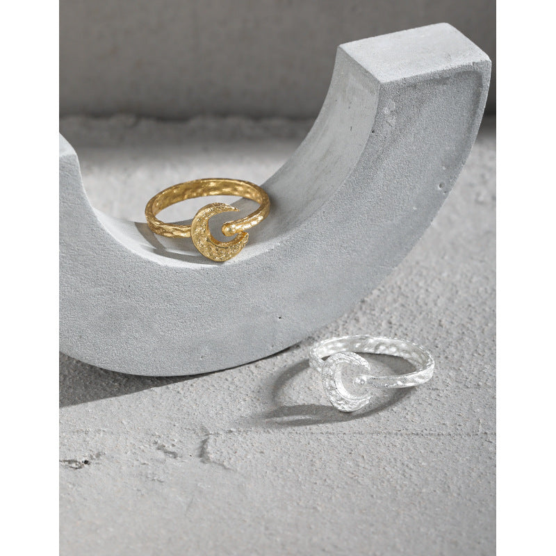 Lovcia Crescent Moon Ring 925 Sterling Silver Adjustable-Rings-Yellow Gold-Yellow Gold