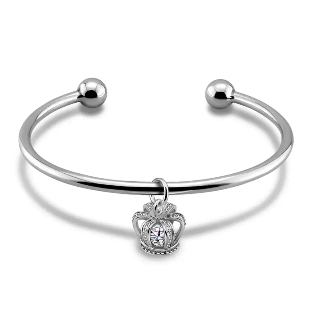 Lovcia Crown and Sphere Charm Open Cuff Bangle Bracelet for Women - Elegant Bangle Jewellery-Bracelets-Crown Charm Bangle Bracelet-Crown Charm Bangle Bracelet