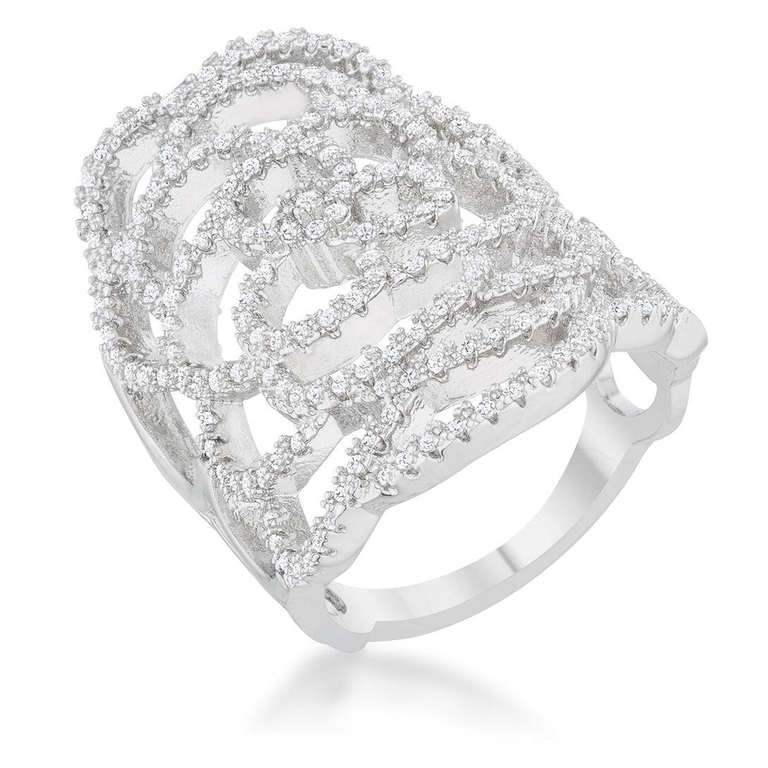 Lovcia Crystal Cascade 1.25ct CZ Rhodium-Plated Filigree Design Cocktail Ring-Rings-5-5