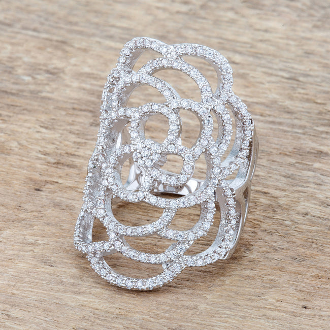 Lovcia Crystal Cascade 1.25ct CZ Rhodium-Plated Filigree Design Cocktail Ring-Rings-5-5