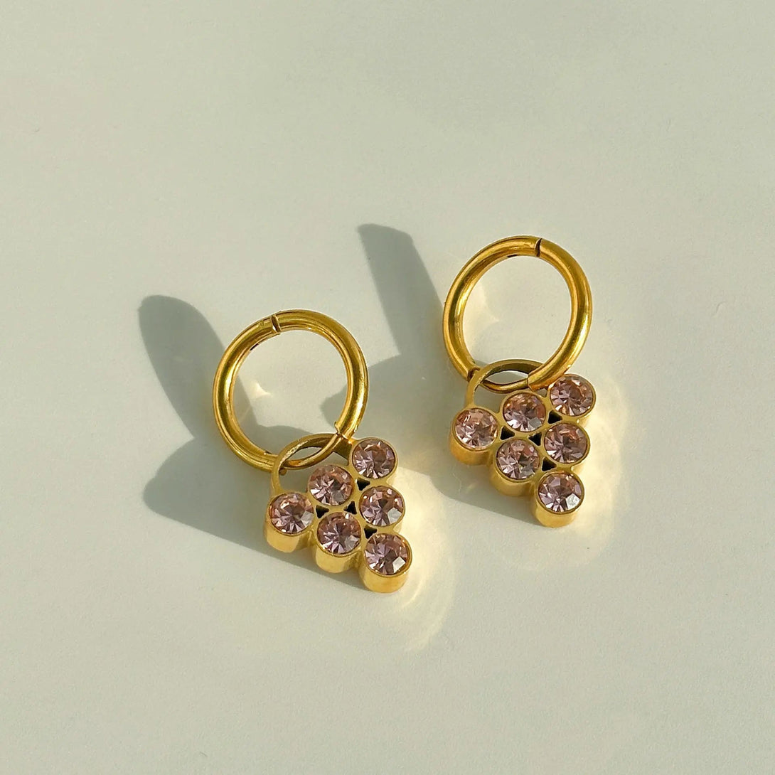 Lovcia Crystal Grape 18K Gold Plated Titanium Steel Necklace and Earrings Fashion Jewellery Set for Women-Necklaces-Pink Crystal Grape Earrings-Pink Crystal Grape Earrings