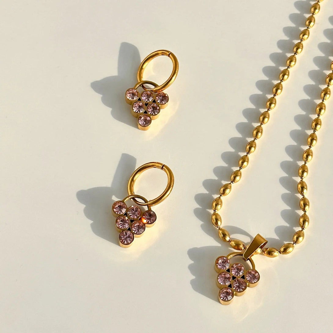 Lovcia Crystal Grape 18K Gold Plated Titanium Steel Necklace and Earrings Fashion Jewellery Set for Women-Necklaces-Pink Crystal Grape Necklace-Pink Crystal Grape Necklace