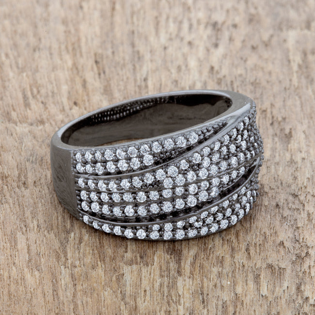 Lovcia Crystal Shine CZ Hematite Cocktail Ring with Blue Cat's Eye Stone-Rings-5-5