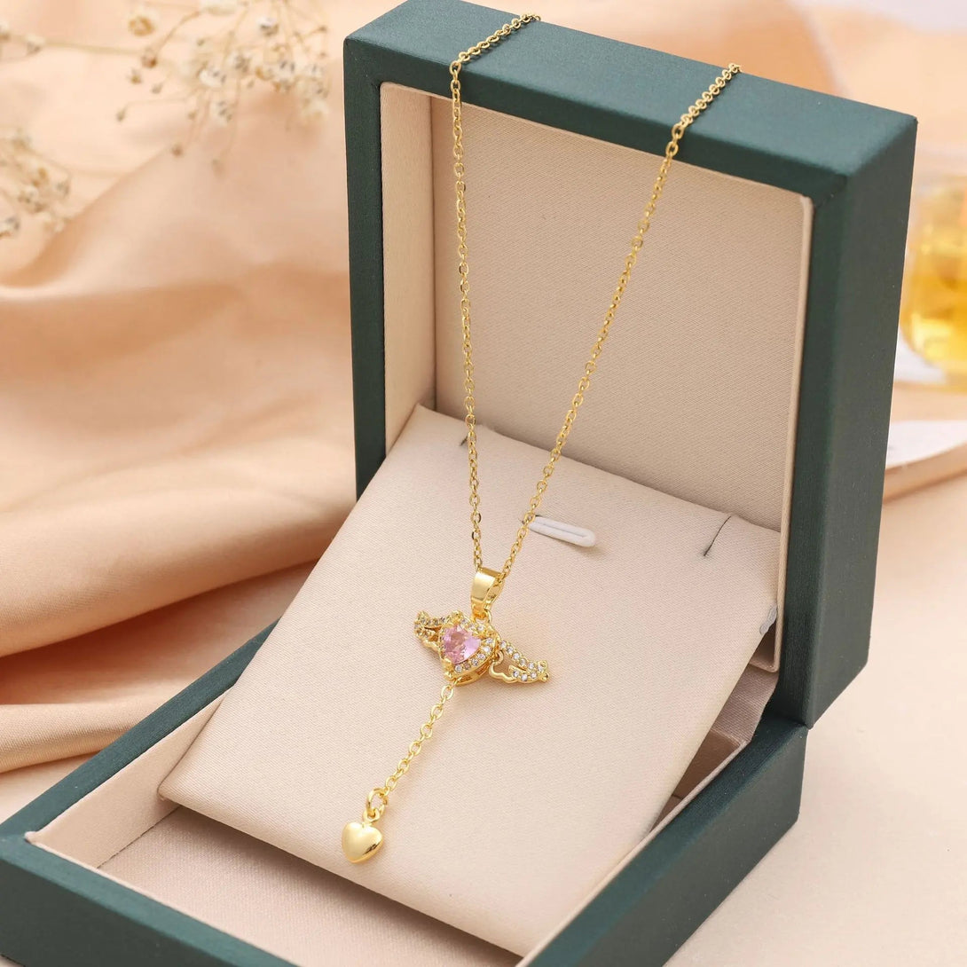 Lovcia Cupid's Heart Angel Wing Necklace with Crystal Tassel Clavicle Chain-Earrings-Gold-Gold