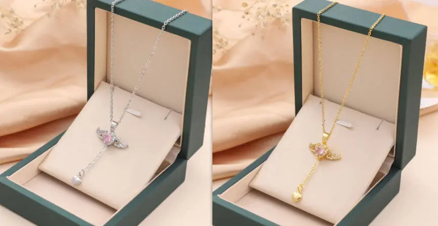 Lovcia Cupid's Heart Angel Wing Necklace with Crystal Tassel Clavicle Chain-Earrings-Set-Set
