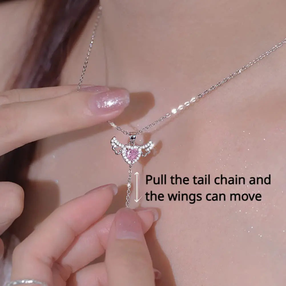 Lovcia Cupid's Heart Angel Wing Necklace with Crystal Tassel Clavicle Chain-Earrings-Silver-Silver
