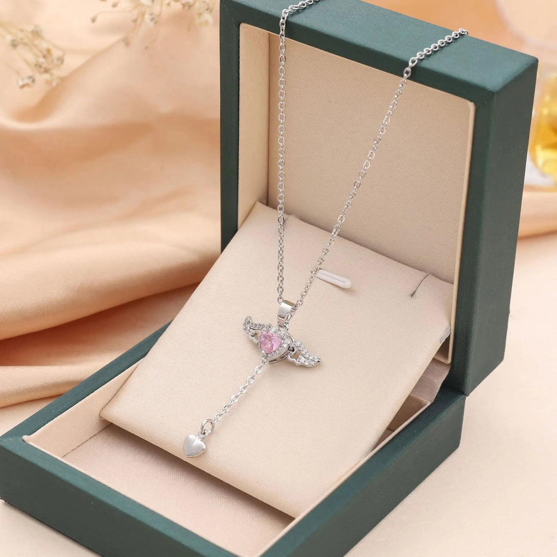 Lovcia Cupid's Heart Angel Wing Necklace with Crystal Tassel Clavicle Chain-Earrings-Silver-Silver