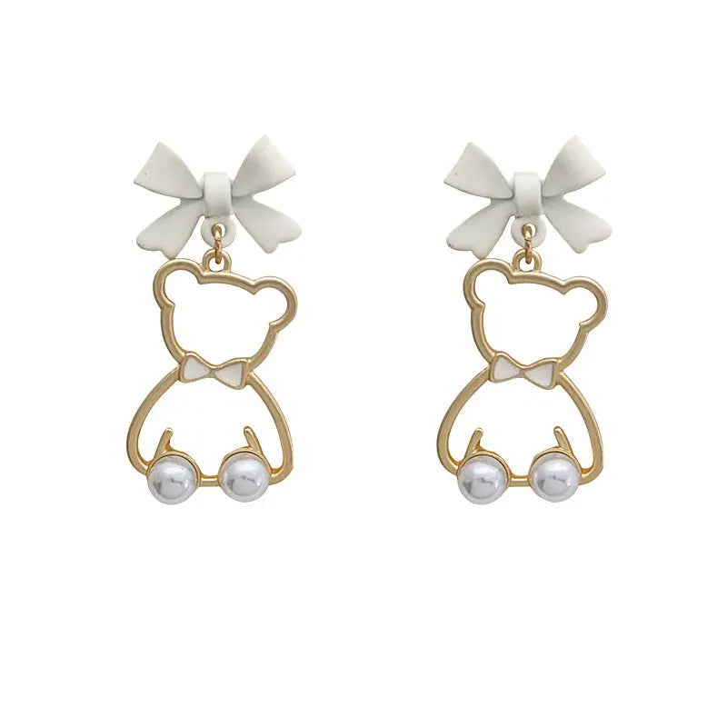 Lovcia Cute Bear Bow Earrings for Women, Pearl Teddy Bear Drop Earrings, Fashion Jewellery for Girls, Statement Dangle Earrings