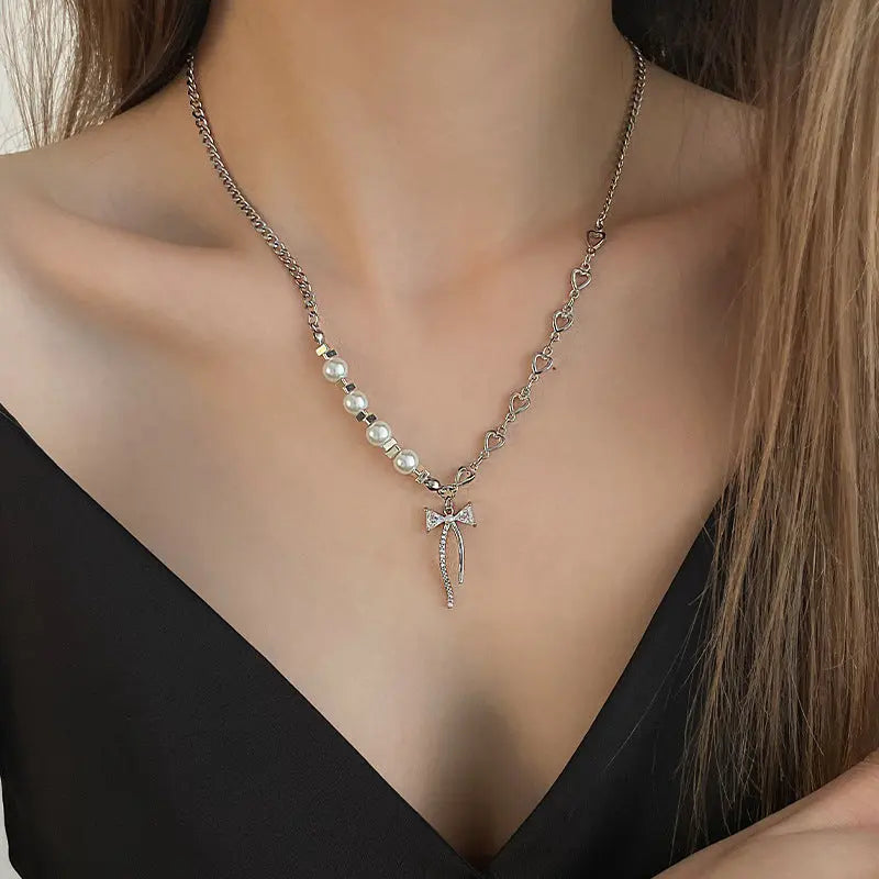 Lovcia Cute Bow Pearl Fashion Necklace Jewellery for Women-Necklaces-Bow Pearl Necklace-Bow Pearl Necklace
