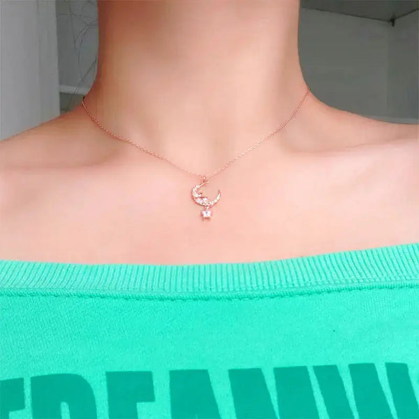 LOVCIA Cute CZ Crescent Moon Mouse 925 Sterling Silver Necklace