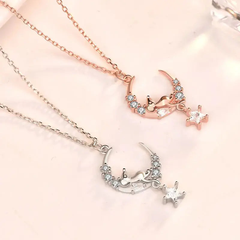 Lovcia Cute CZ Crescent Moon Mouse 925 Sterling Silver Necklace-Necklaces-Rose Gold-Rose Gold
