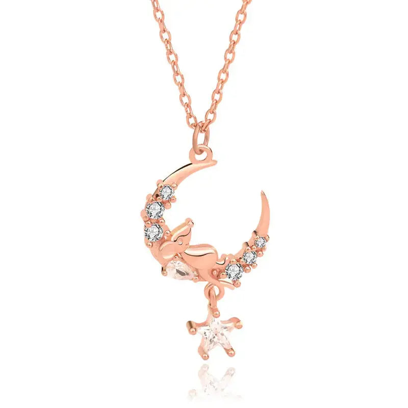 Lovcia Cute CZ Crescent Moon Mouse 925 Sterling Silver Necklace-Necklaces-Rose Gold-Rose Gold
