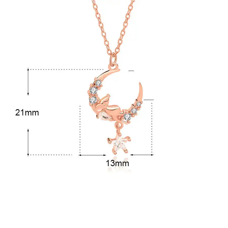 Lovcia Cute CZ Crescent Moon Mouse 925 Sterling Silver Necklace-Necklaces-Rose Gold-Rose Gold