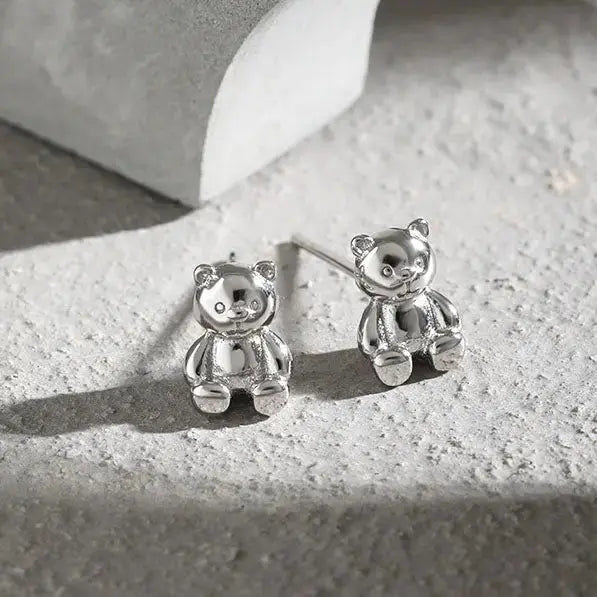 Lovcia Cute Mini Bear Animal Gift 925 Sterling Silver Stud Earrings-Earrings-Rhodium-Rhodium