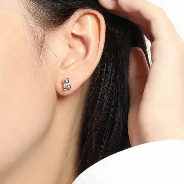 Lovcia Cute Mini Bear Animal Gift 925 Sterling Silver Stud Earrings-Earrings-Rhodium-Rhodium