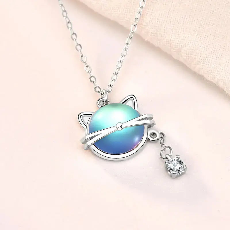 Lovcia Cute Natural Moonstone Cat CZ 925 Sterling Silver Necklace-Charms & Pendants-Silver-Silver