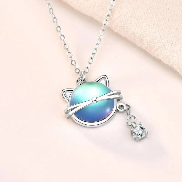 LOVCIA Cute Natural Moonstone Cat CZ 925 Sterling Silver Necklace