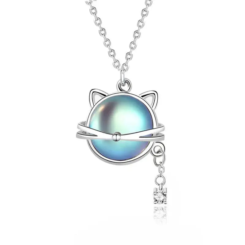 Lovcia Cute Natural Moonstone Cat CZ 925 Sterling Silver Necklace-Charms & Pendants-Silver-Silver