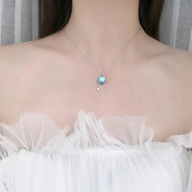 Lovcia Cute Natural Moonstone Cat CZ 925 Sterling Silver Necklace-Charms & Pendants-Silver-Silver