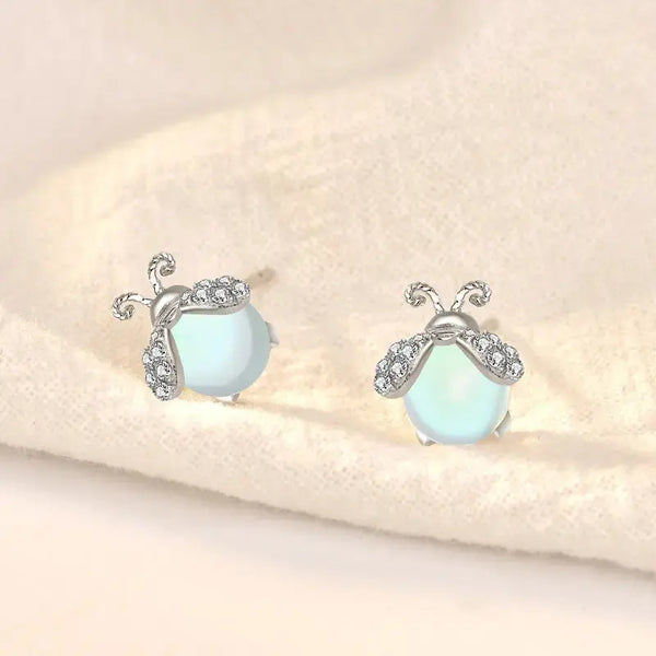 Lovcia Cute Natural Moonstone CZ Glowworm 925 Sterling Silver Stud Earrings-Earrings-Silver-Silver