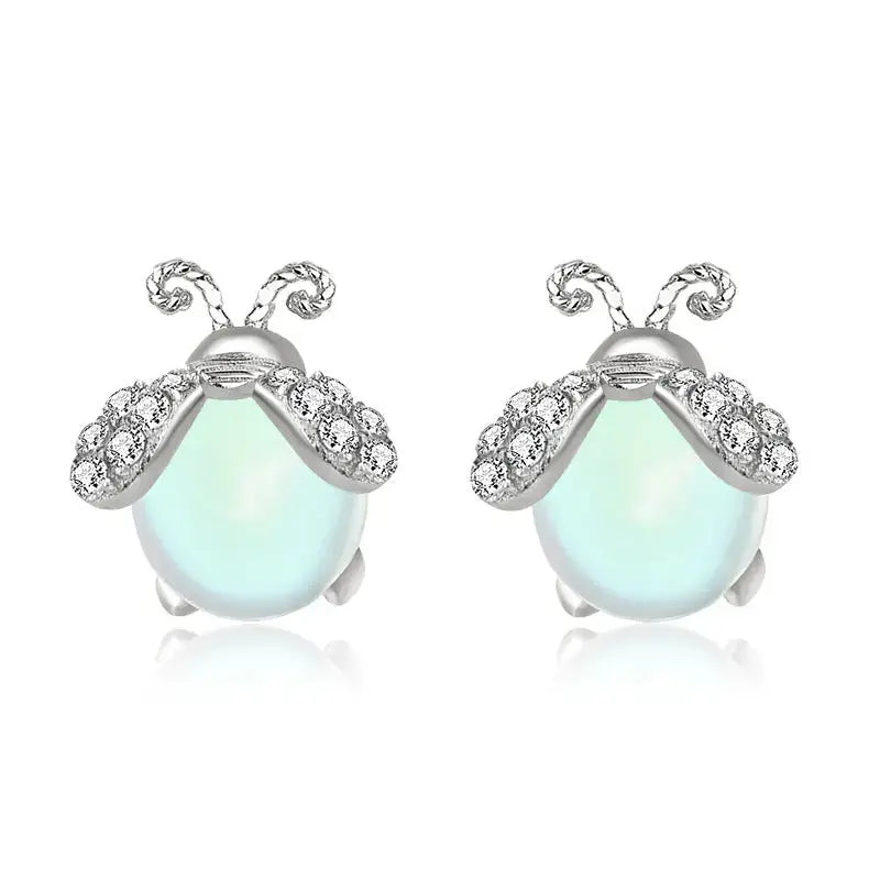 Lovcia Cute Natural Moonstone CZ Glowworm 925 Sterling Silver Stud Earrings-Earrings-Silver-Silver