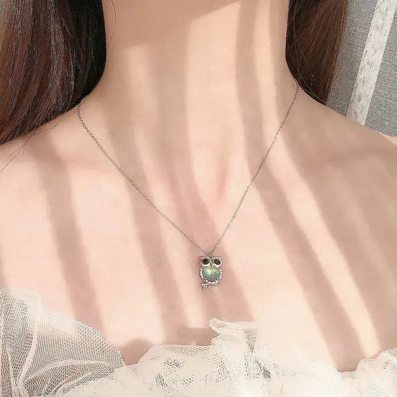 Lovcia Cute Natural Moonstone CZ Owl 925 Sterling Silver Necklace-Necklaces-Silver-Silver