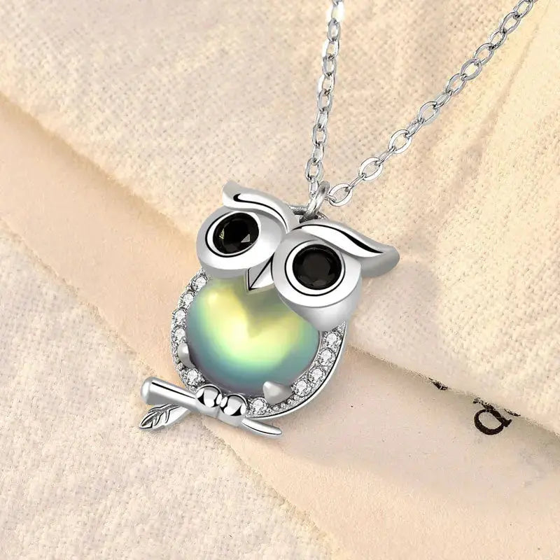 Lovcia Cute Natural Moonstone CZ Owl 925 Sterling Silver Necklace-Necklaces-Silver-Silver