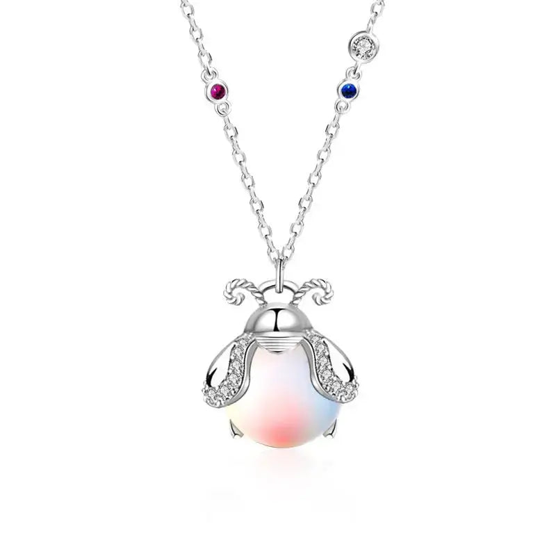 Lovcia Cute Natural Moonstone Glowworm CZ 925 Sterling Silver Necklace-Necklaces-Silver & Small-Silver & Small