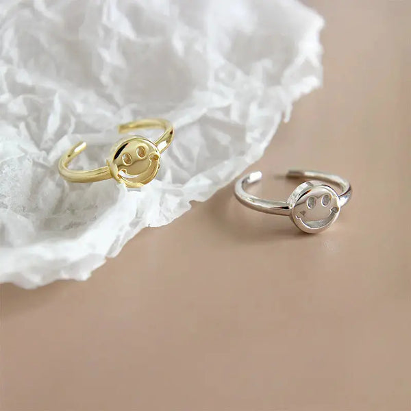Lovcia Cute Smile Face 925 Sterling Silver Adjustable Ring-Rings-Rhodium-Rhodium