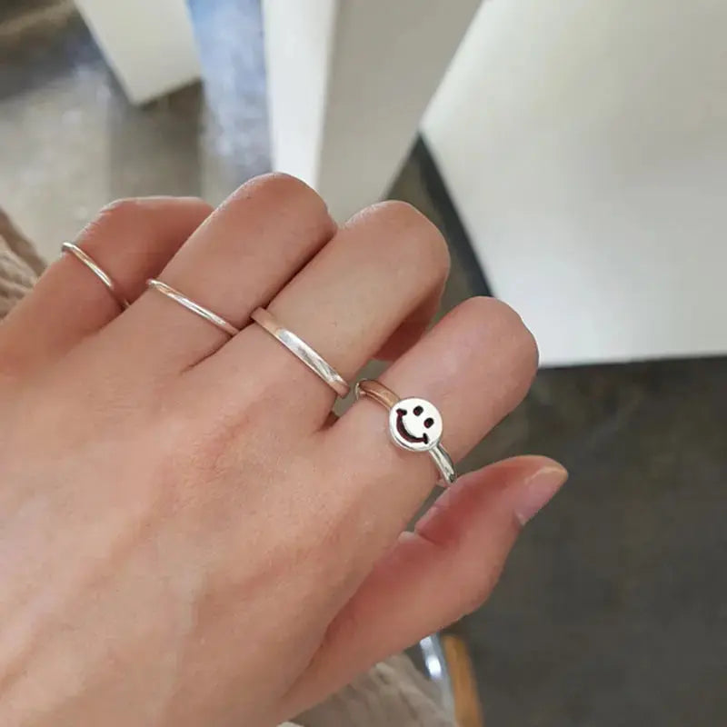Lovcia Cute Smile Face 925 Sterling Silver Adjustable Ring-Rings-Rhodium-Rhodium
