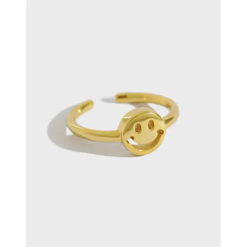 Lovcia Cute Smile Face 925 Sterling Silver Adjustable Ring-Rings-Yellow Gold-Yellow Gold