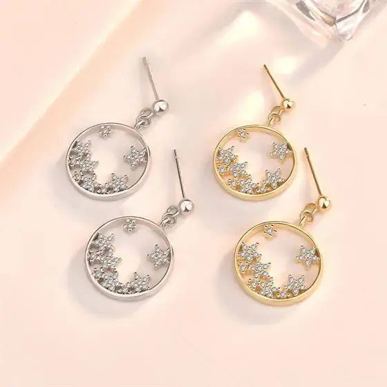 Lovcia CZ Babysbreath Flower Circle Sweet 925 Sterling Silver Dangling Earrings-Earrings-Yellow Gold-Yellow Gold