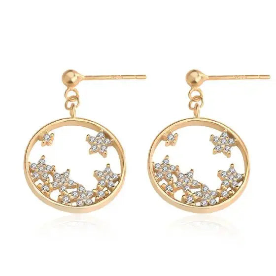 Lovcia CZ Babysbreath Flower Circle Sweet 925 Sterling Silver Dangling Earrings-Earrings-Yellow Gold-Yellow Gold