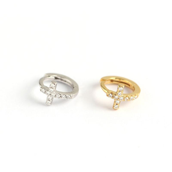 Lovcia CZ Cross 925 Sterling Silver Gold Huggie Earrings-Earrings-Yellow Gold-