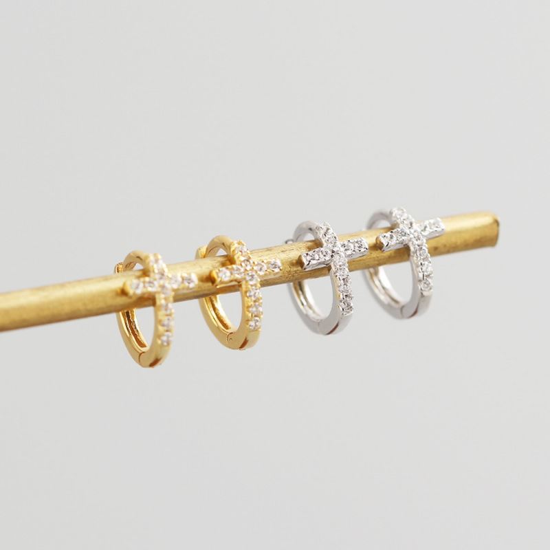 Lovcia CZ Cross 925 Sterling Silver Gold Huggie Earrings-Earrings-Yellow Gold-Yellow Gold