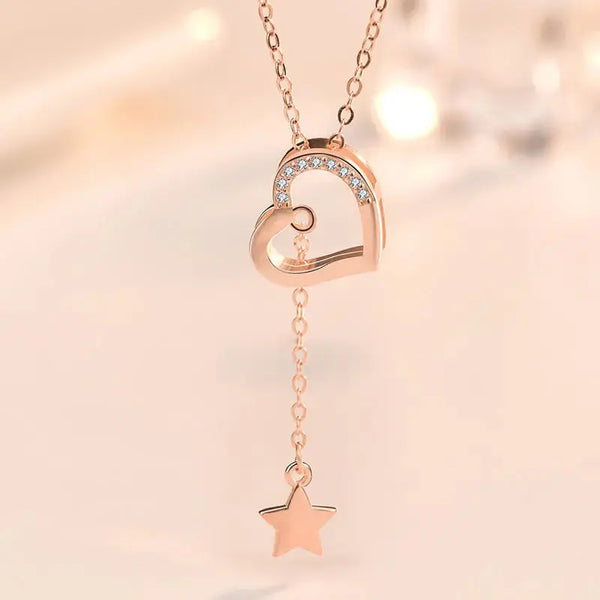 Lovcia CZ Hollow Heart Tassels Necklace 925 Sterling Silver-Necklaces-Rose Gold-Rose Gold
