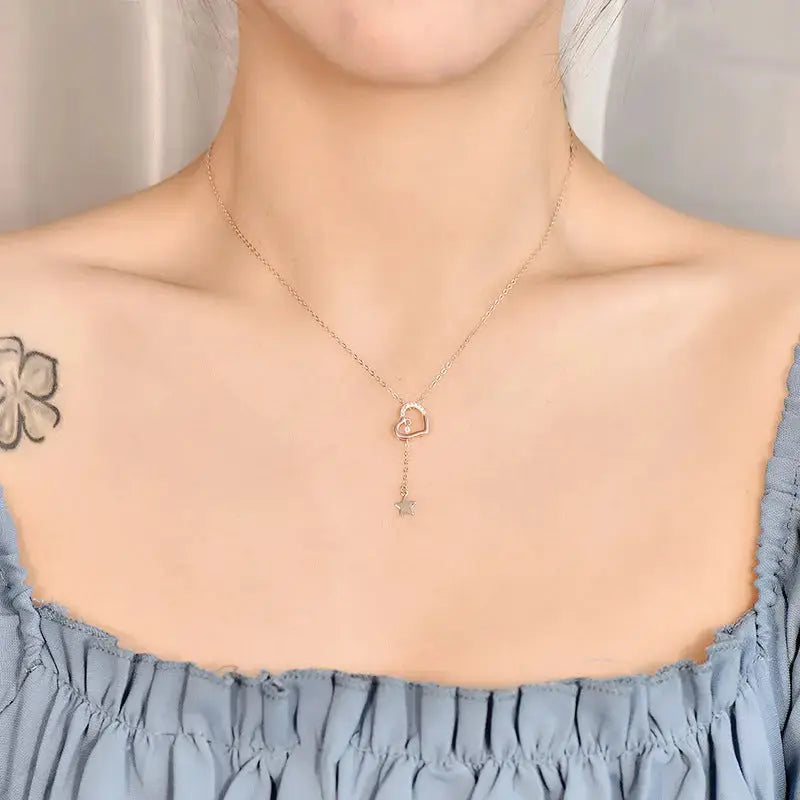 LOVCIA Sweet CZ Hollow Heart Star Tassels 925 Sterling Silver Necklace