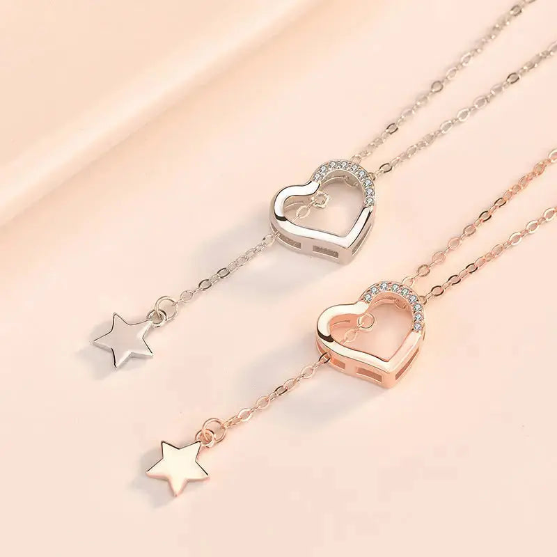 LOVCIA Sweet CZ Hollow Heart Star Tassels 925 Sterling Silver Necklace